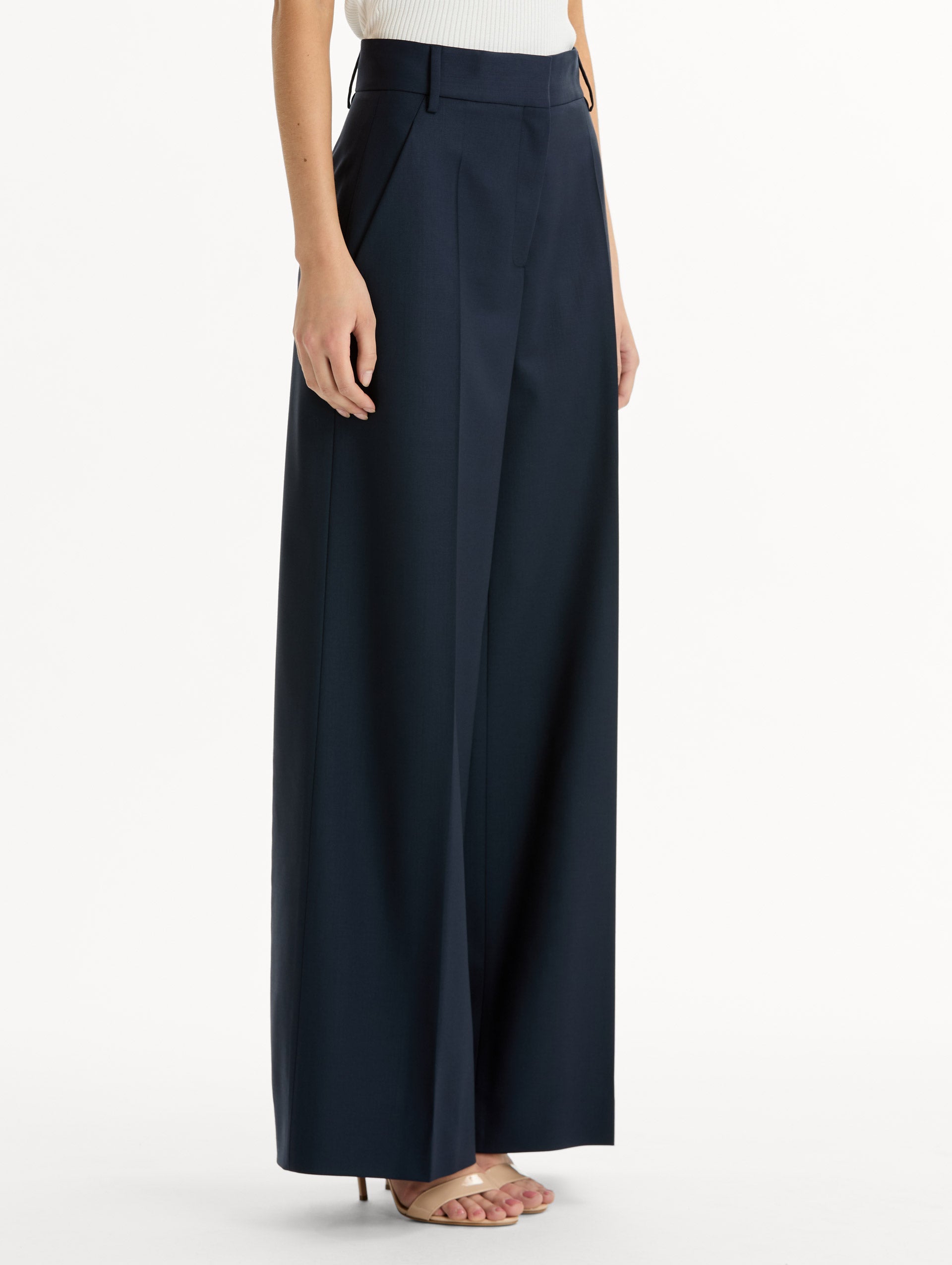 Wide-Leg Wool-Blend Pant in Navy. Side View.