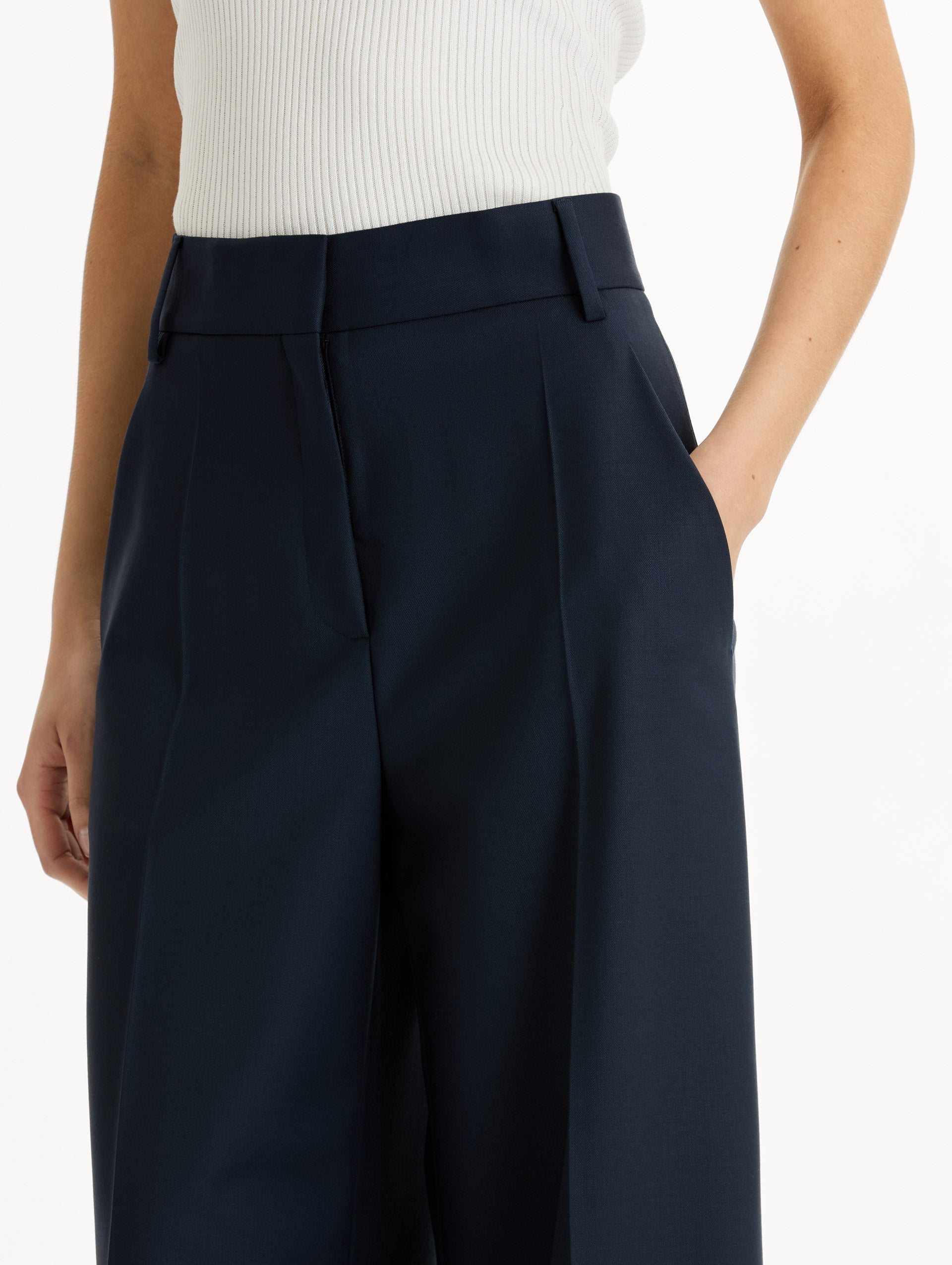 Wide-Leg Wool-Blend Pant in Navy. Zoom View.