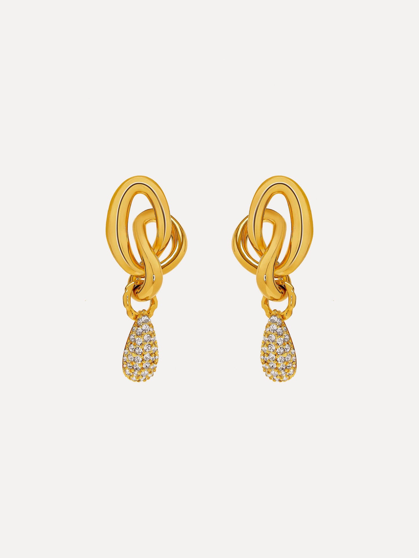 Gold O Knot Earrings with Pavé Drop. Front View.