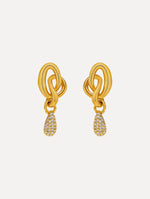 Gold O Knot Earrings with Pavé Drop. Front View.