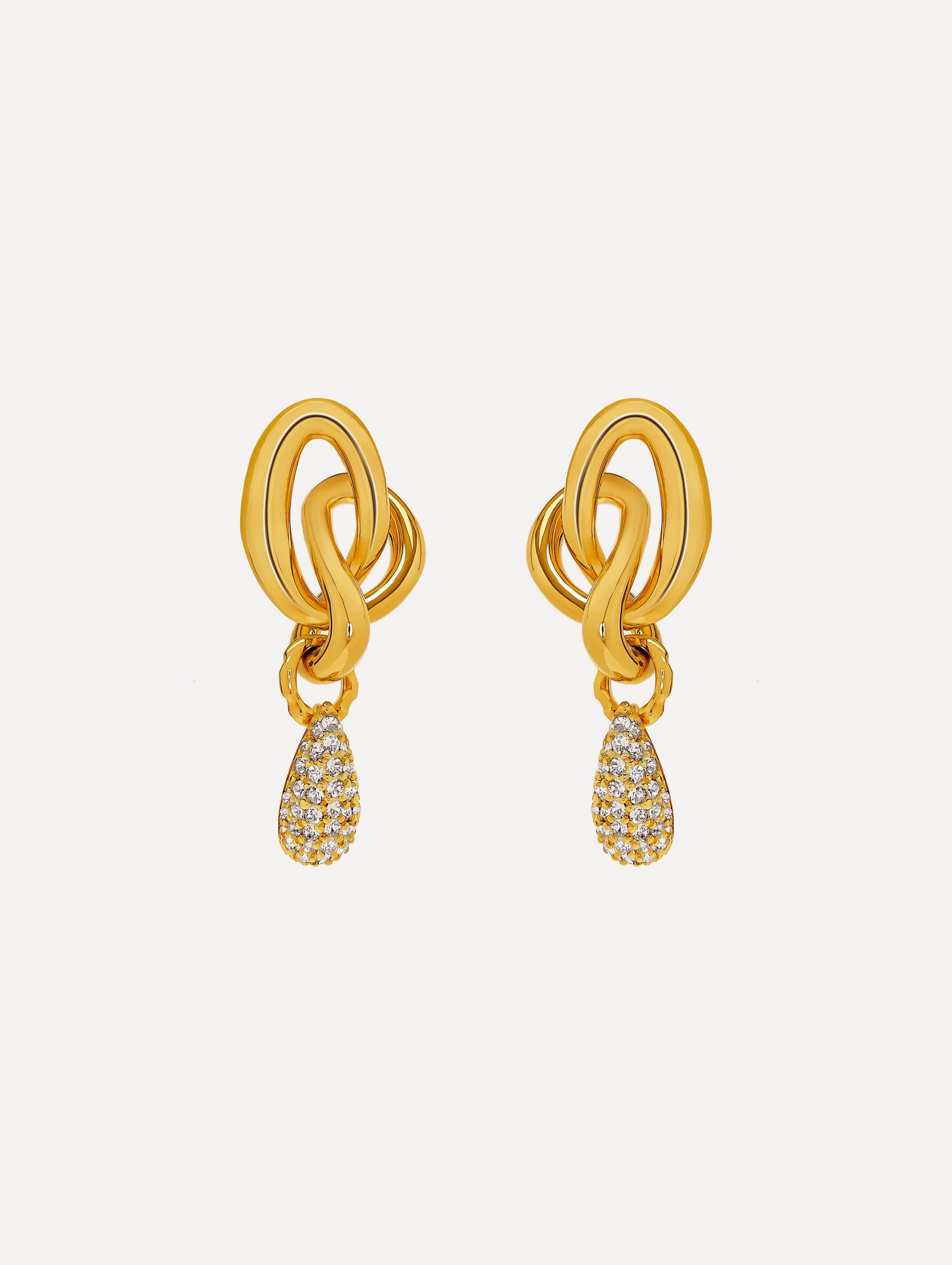 Gold O Knot Earrings with Pavé Drop. Front View.