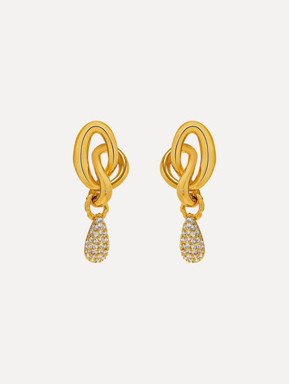 Gold O Knot Earrings with Pavé Drop. Front View.