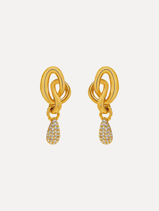 Gold O Knot Earrings with Pavé Drop. Front View.