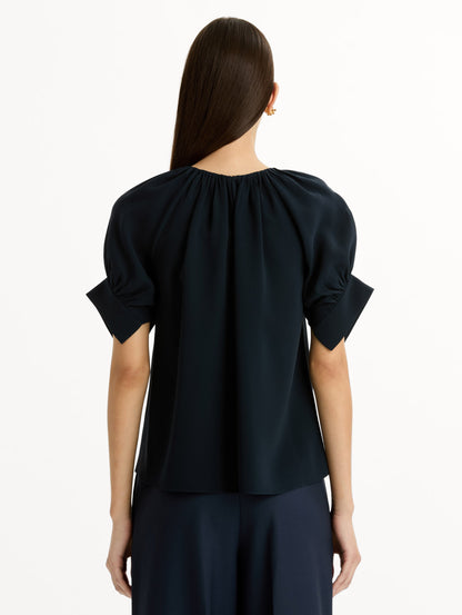 Gathered Silk Georgette Blouse in Navy. Back View.