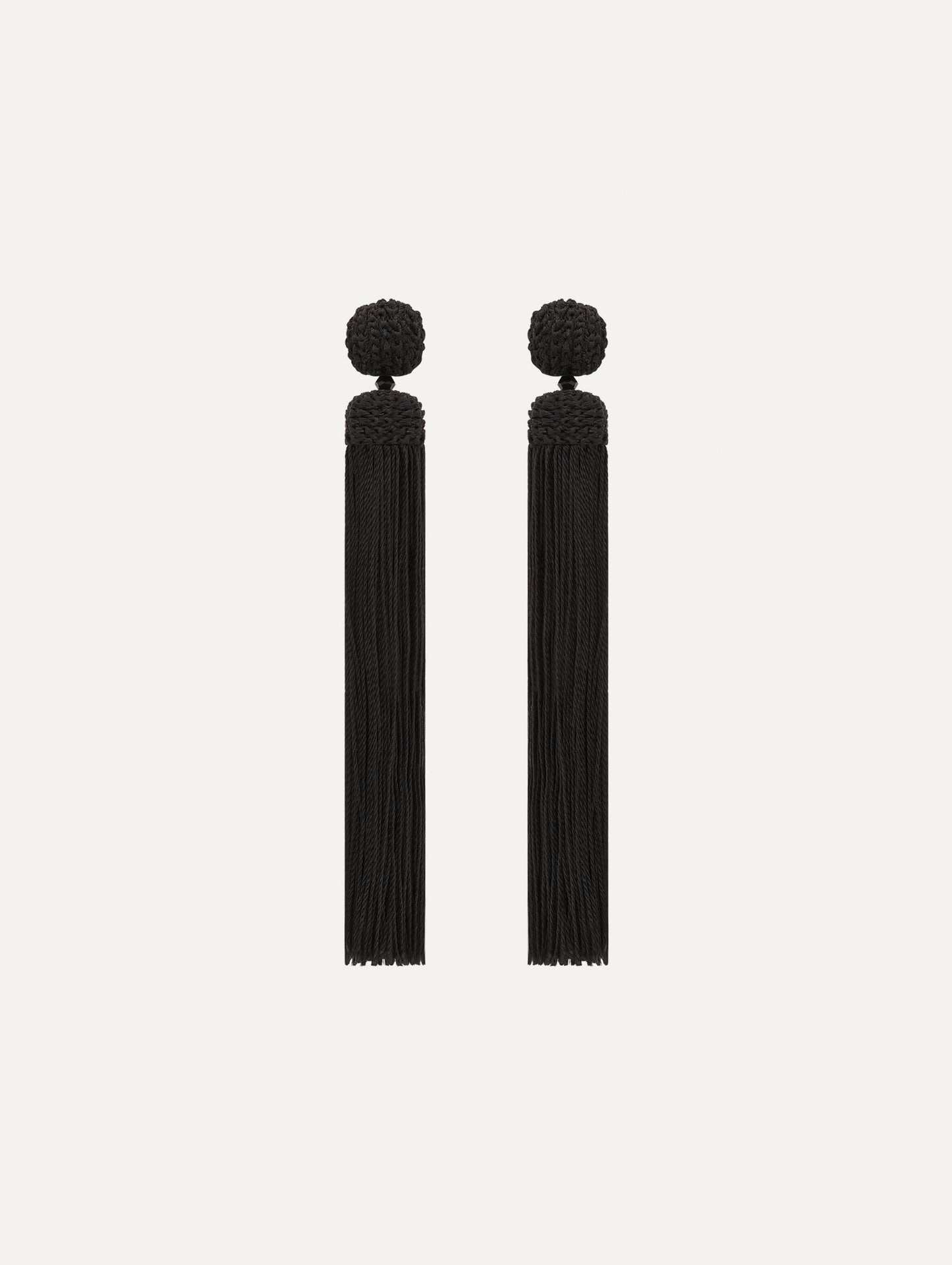 The Silk Rope Tassel Clip-On Earrings in Black. Front View.