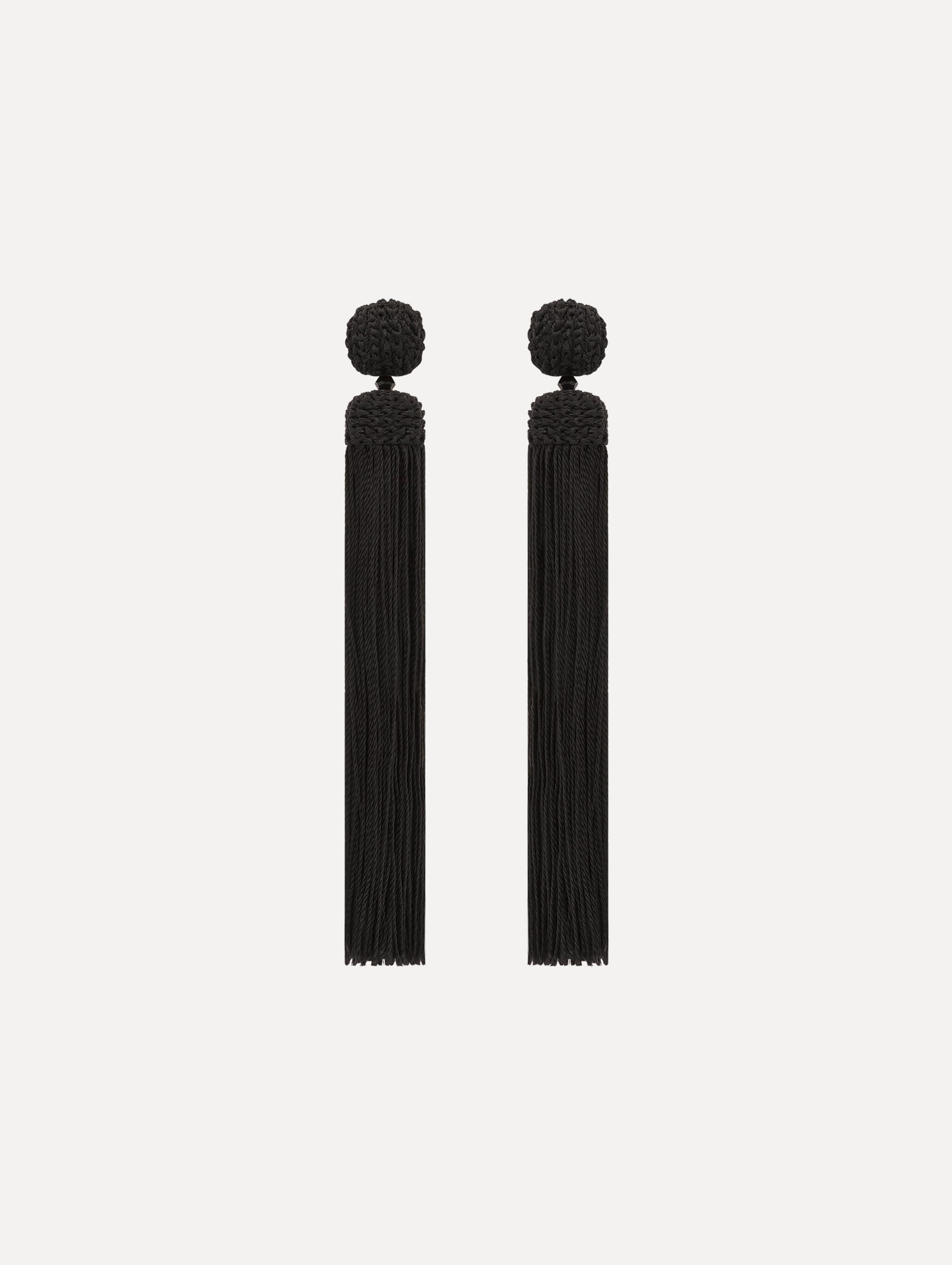 The Silk Rope Tassel Clip-On Earrings in Black. Front View.
