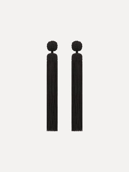 The Silk Rope Tassel Clip-On Earrings in Black. Front View.