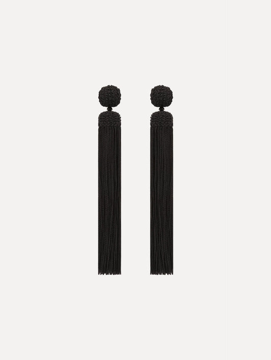 The Silk Rope Tassel Clip-On Earrings in Black. Front View.