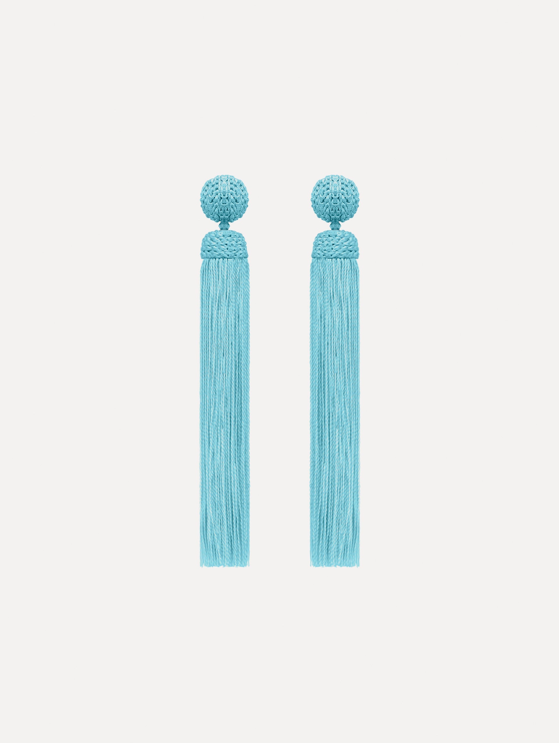 The Silk Rope Tassel Clip-On Earrings in Saltwater Blue. Front View.