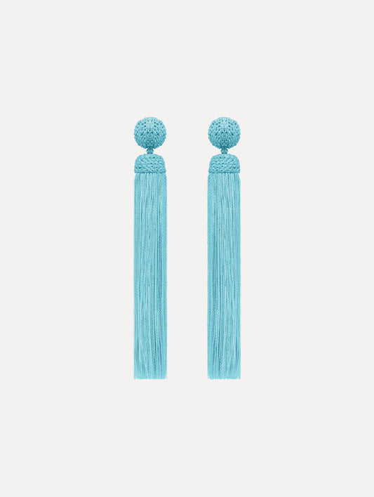The Silk Rope Tassel Clip-On Earrings in Saltwater Blue. Front View.
