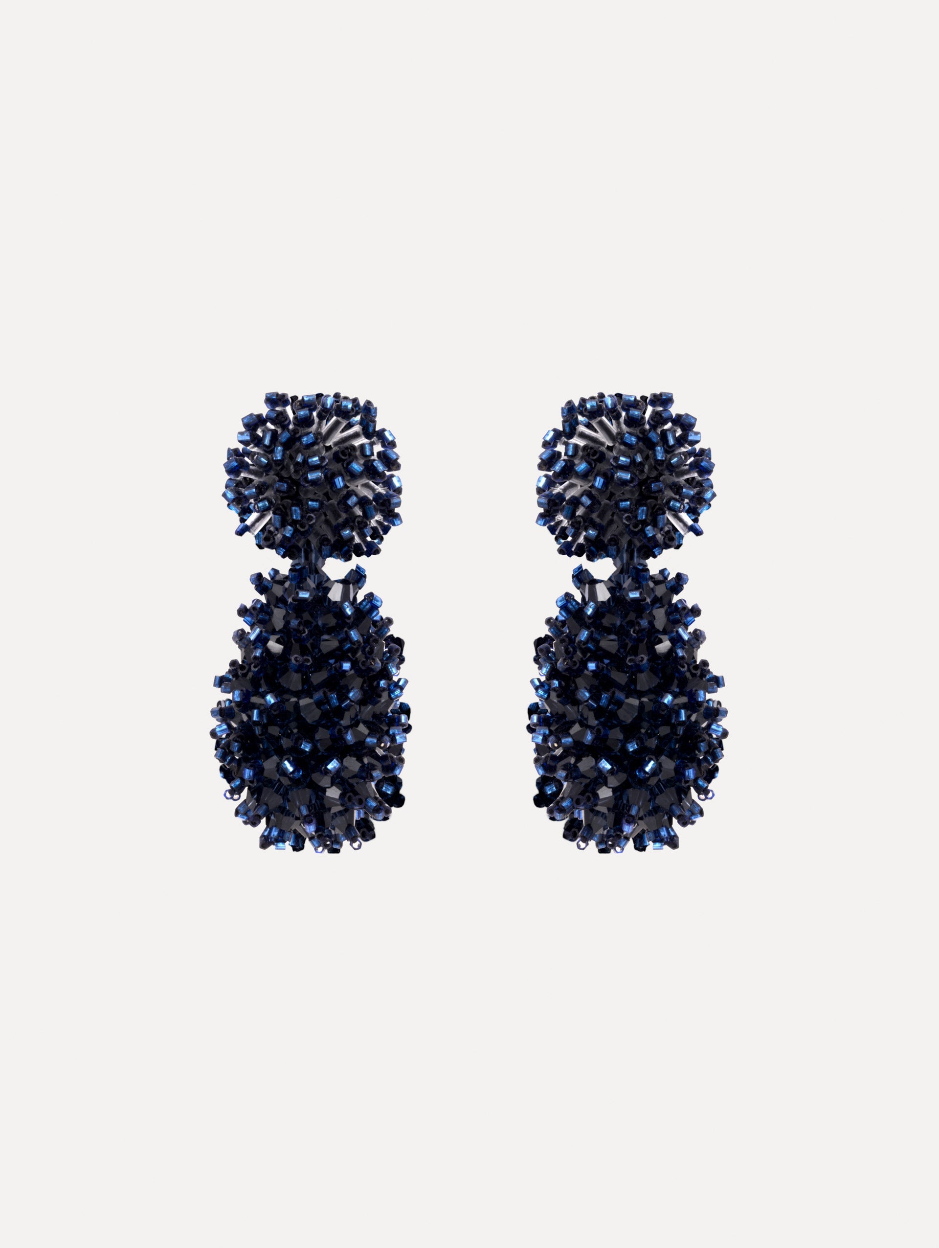 The Beaded Cluster Drop Earrings in Navy. Front View.