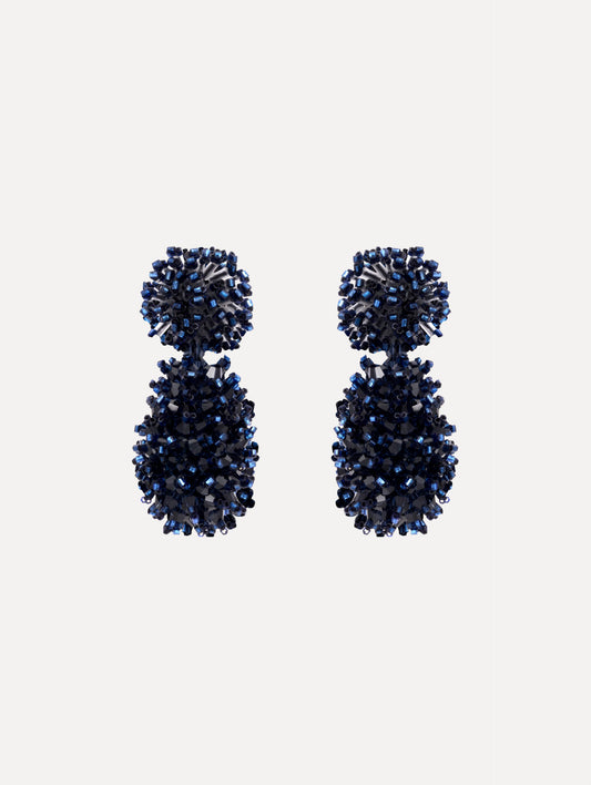 The Beaded Cluster Drop Earrings in Navy. Front View.