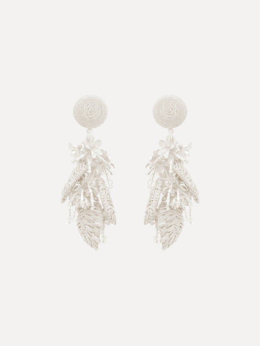 The Raffia Tassel Bouquet Clip-On Earrings in White. Front View.