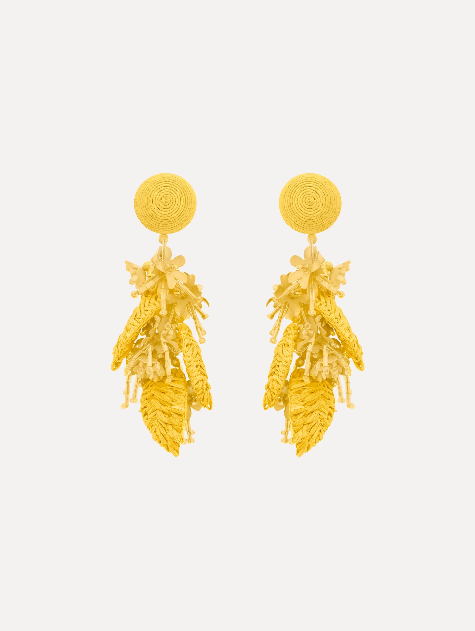 The Raffia Tassel Bouquet Clip-On Earrings in Yellow. Front View.
