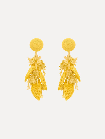 The Raffia Tassel Bouquet Clip-On Earrings in Yellow. Front View.