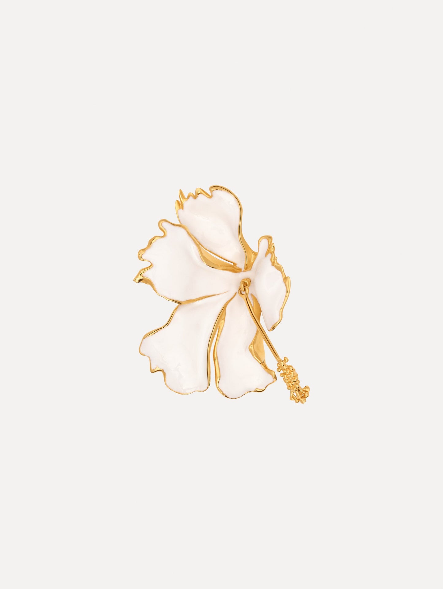 The Enamel Folded Hibiscus Brooch in White. Front View.