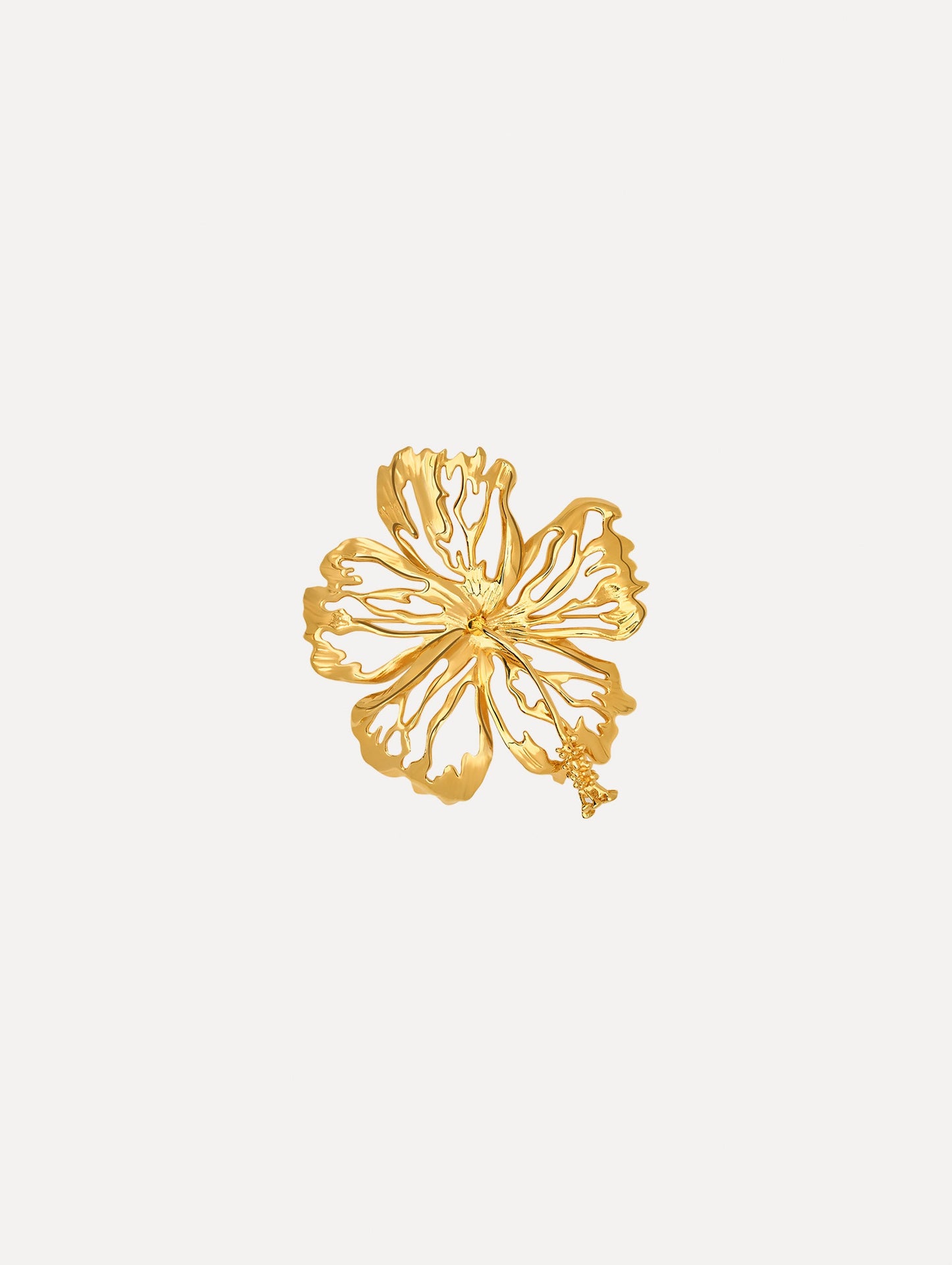 The Openwork Hibiscus Brooch in Gold. Front View.