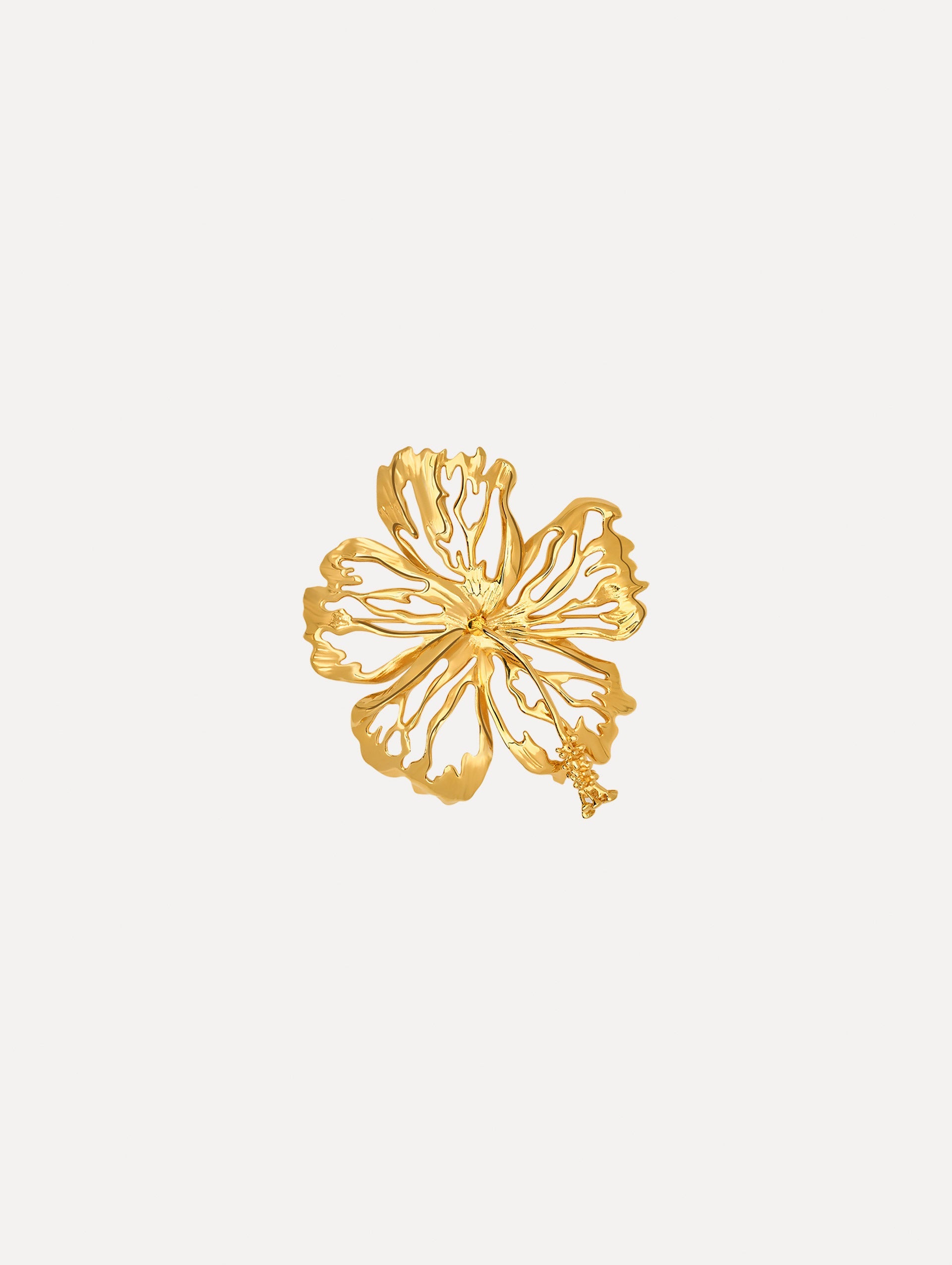 The Openwork Hibiscus Brooch in Gold. Front View.
