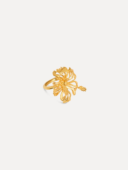 The Openwork Hibiscus Ring in Gold. Side View.