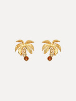 The Palm Tree Crystal Clip-On Earrings in Gold with Crystal Trunks. Front View.