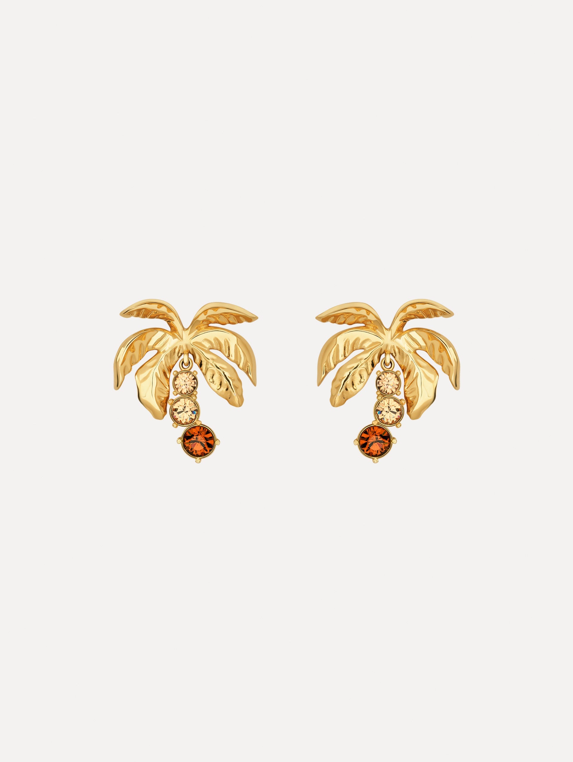 The Palm Tree Crystal Clip-On Earrings in Gold with Crystal Trunks. Front View.