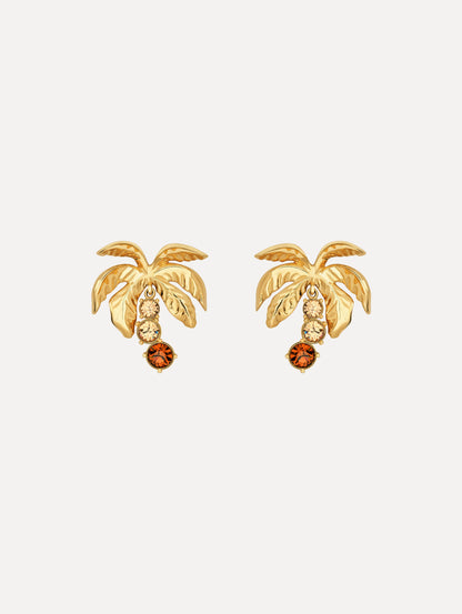 The Palm Tree Crystal Clip-On Earrings in Gold with Crystal Trunks. Front View.