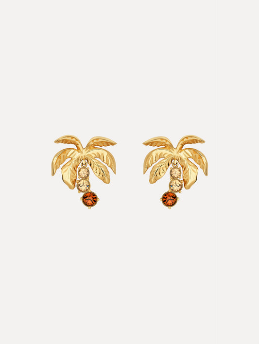 The Palm Tree Crystal Clip-On Earrings in Gold with Crystal Trunks. Front View.