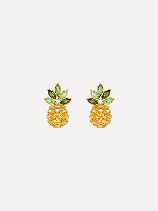 The Pineapple Crystal Leaf Clip-On Earrings in Citrine. Front View.