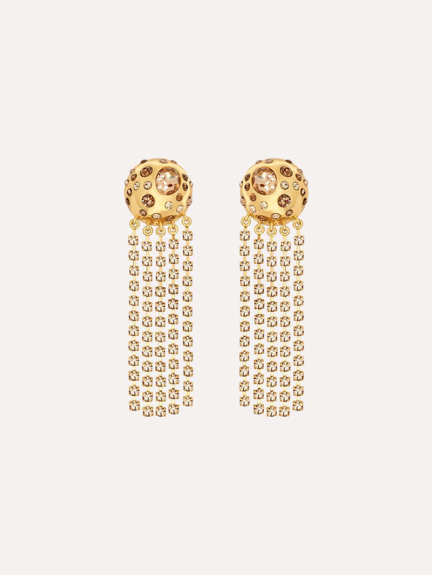 The Crystal Fringe Chandelier Earrings in Gold. Front View.
