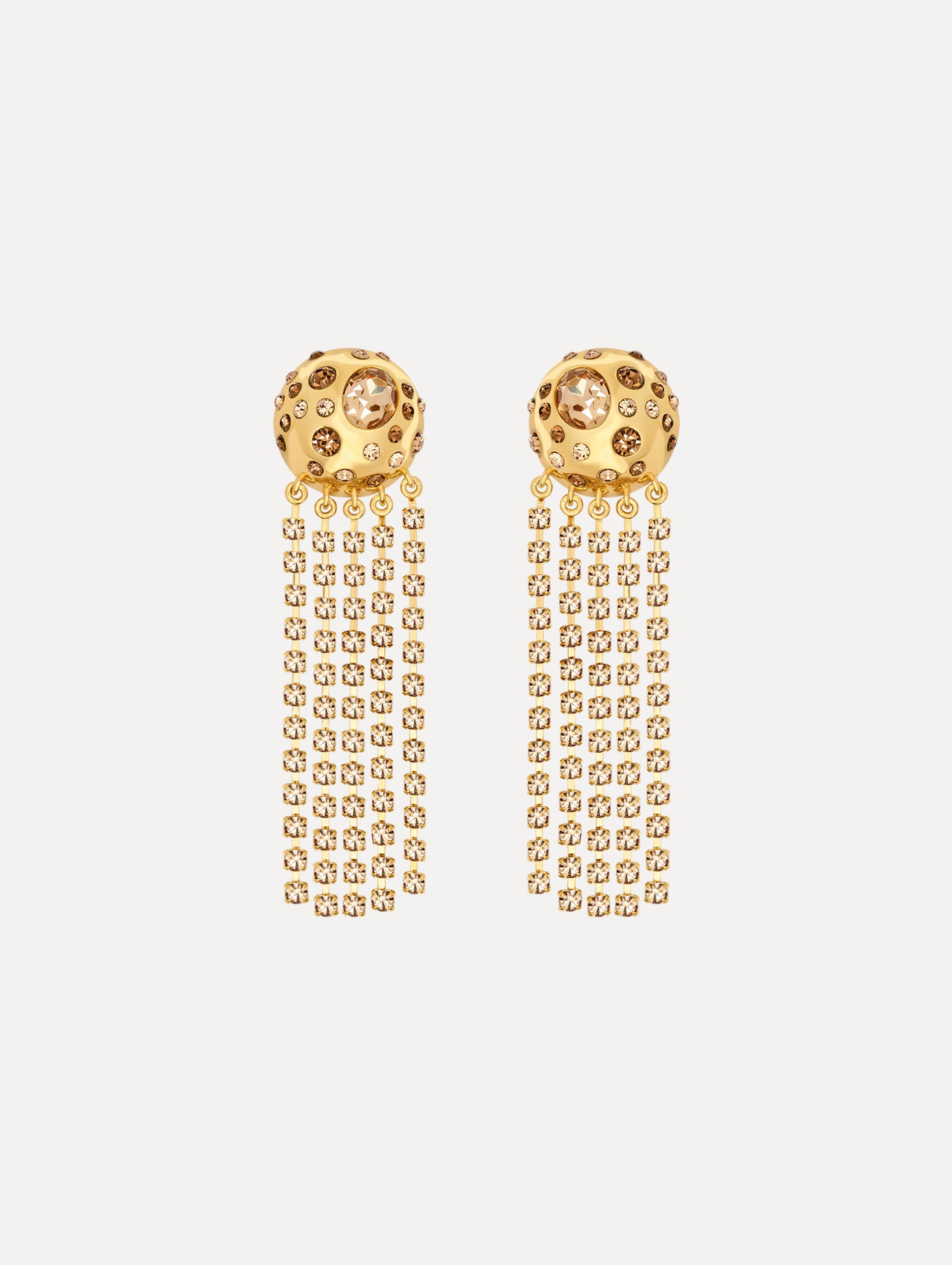 The Crystal Fringe Chandelier Earrings in Gold. Front View.