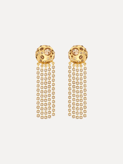 The Crystal Fringe Chandelier Earrings in Gold. Front View.