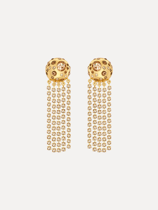 The Crystal Fringe Chandelier Earrings in Gold. Front View.