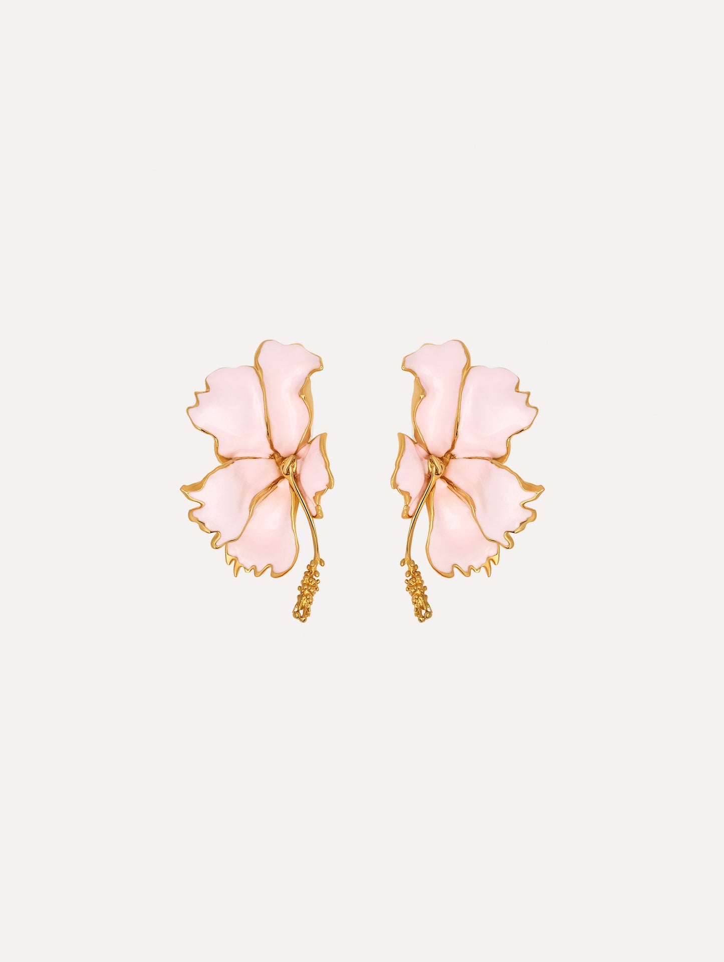The Enamel Folded Hibiscus Clip-On Earrings in Light Pink. Front View.