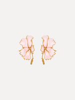 The Enamel Folded Hibiscus Clip-On Earrings in Light Pink. Front View.