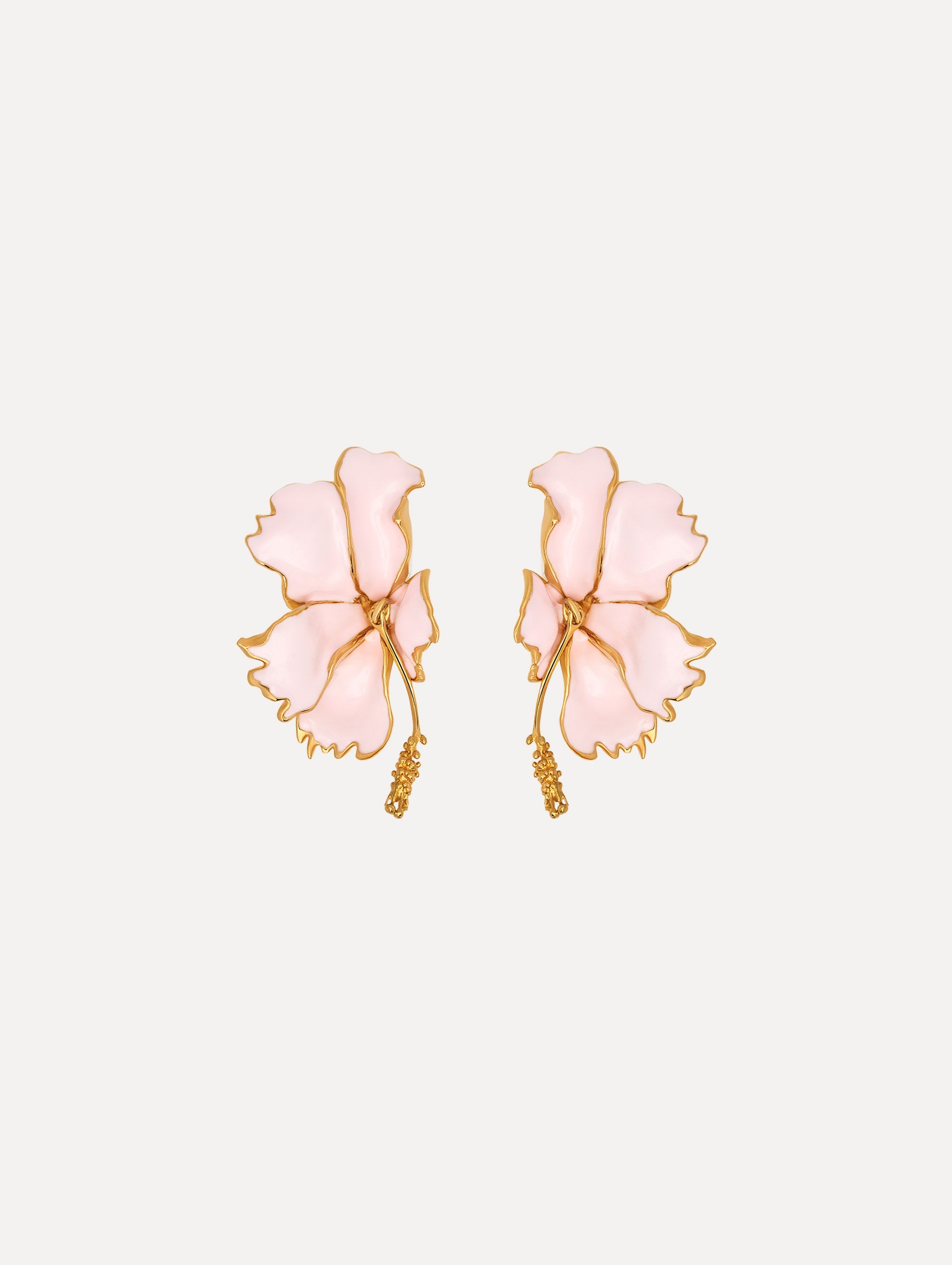 The Enamel Folded Hibiscus Clip-On Earrings in Light Pink. Front View.
