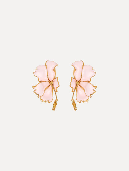 The Enamel Folded Hibiscus Clip-On Earrings in Light Pink. Front View.