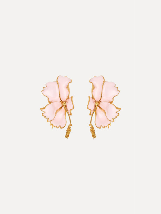 The Enamel Folded Hibiscus Clip-On Earrings in Light Pink. Front View.