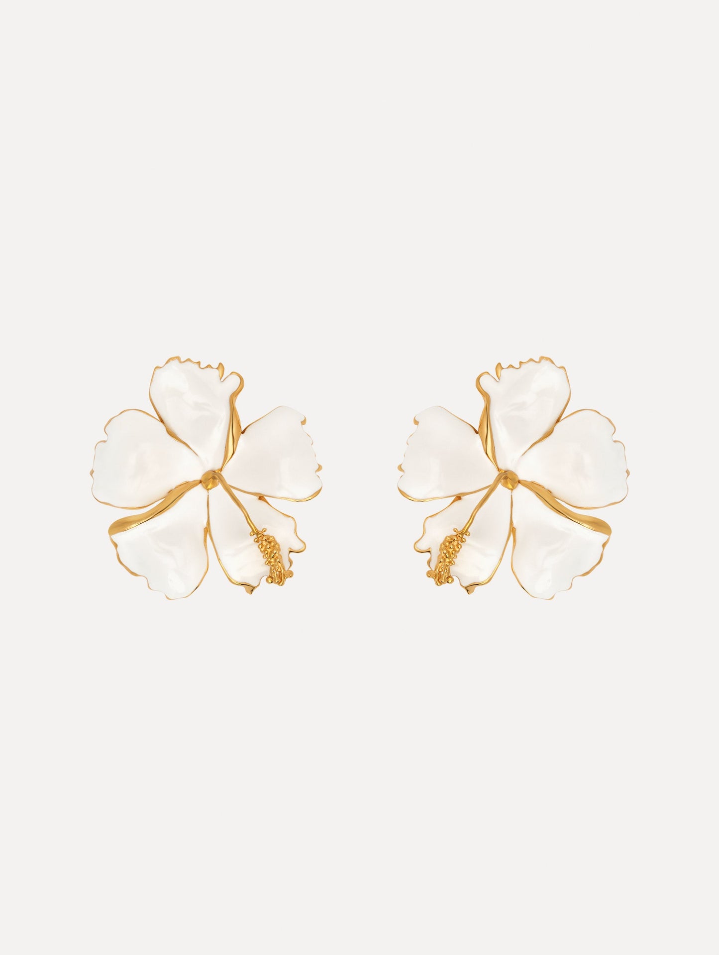 The Enamel Hibiscus Clip-On Earrings in White. Front View.