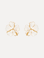 The Enamel Hibiscus Clip-On Earrings in White. Front View.