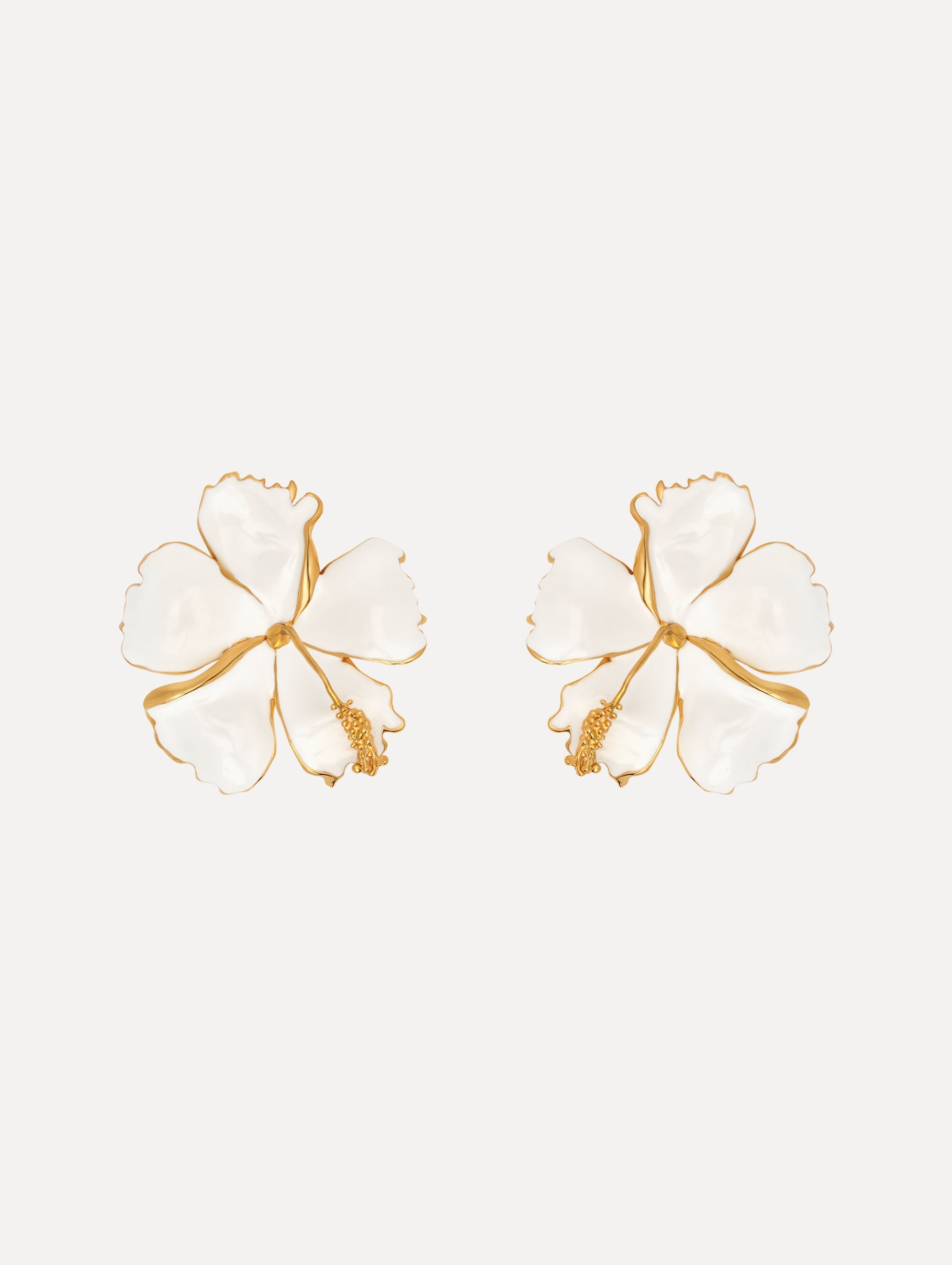 The Enamel Hibiscus Clip-On Earrings in White. Front View.