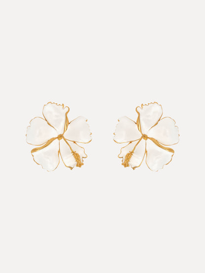 The Enamel Hibiscus Clip-On Earrings in White. Front View.