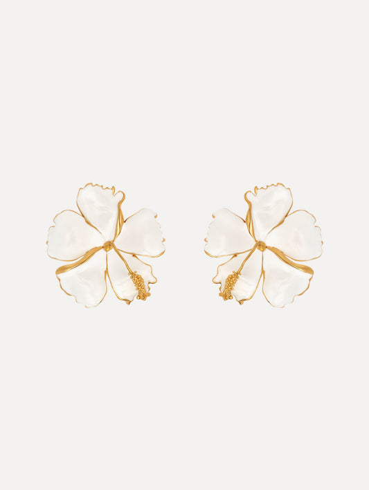 The Enamel Hibiscus Clip-On Earrings in White. Front View.