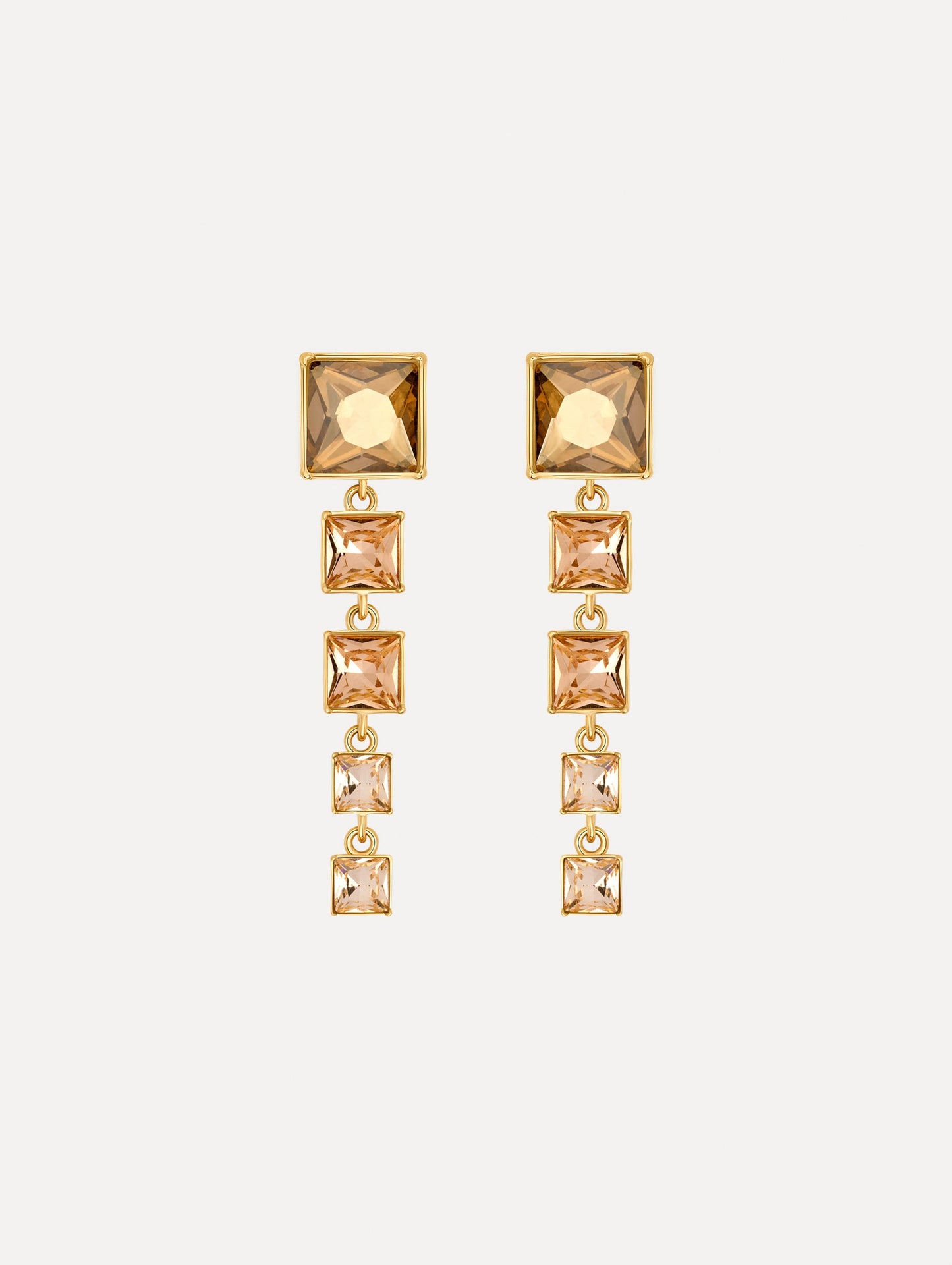 The Square-Cut Rhinestone Drop Earrings in Gold. Front View.