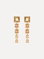 The Square-Cut Rhinestone Drop Earrings in Gold. Front View.