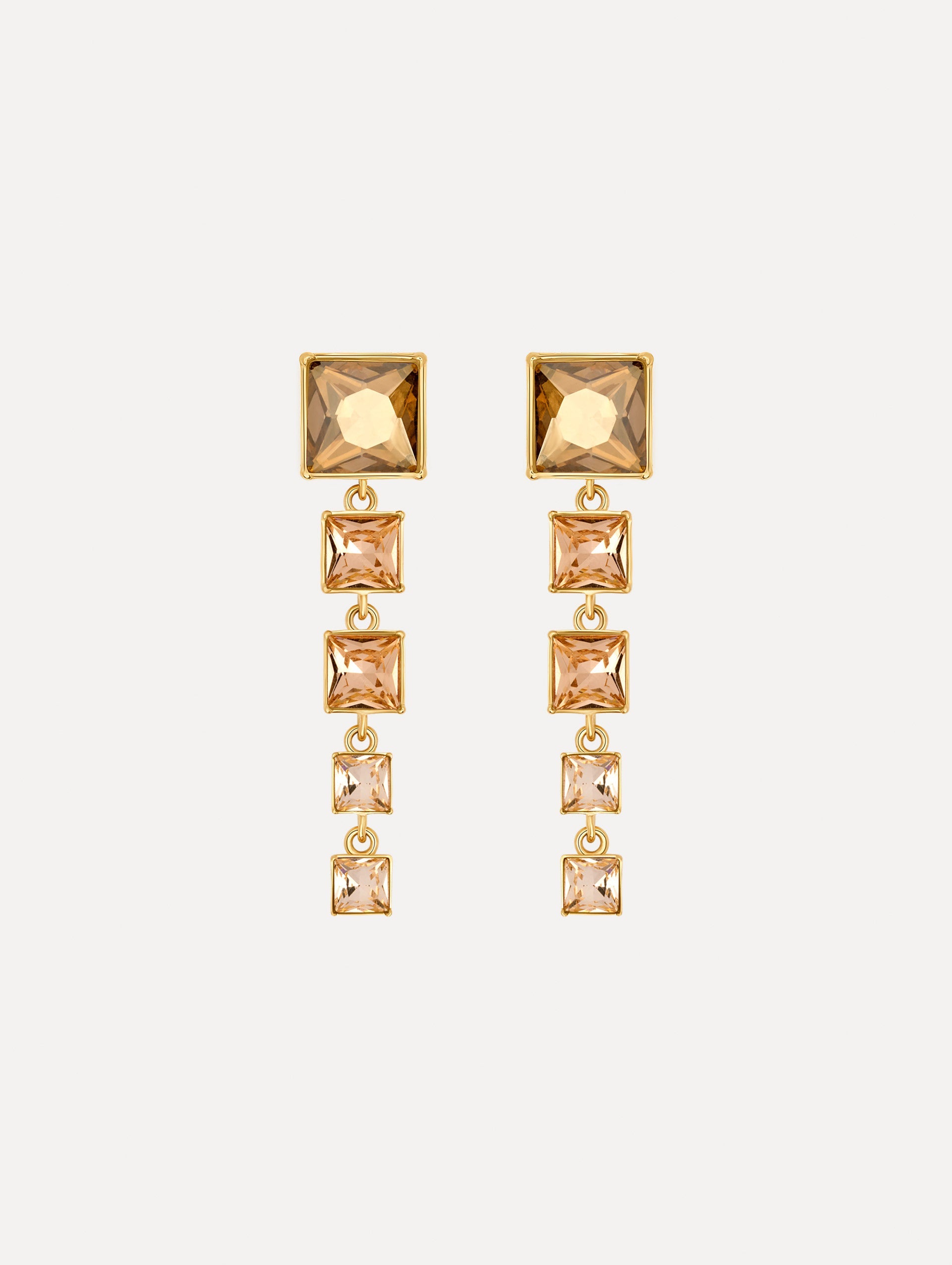 The Square-Cut Rhinestone Drop Earrings in Gold. Front View.