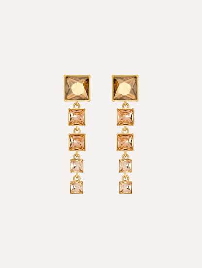 The Square-Cut Rhinestone Drop Earrings in Gold. Front View.