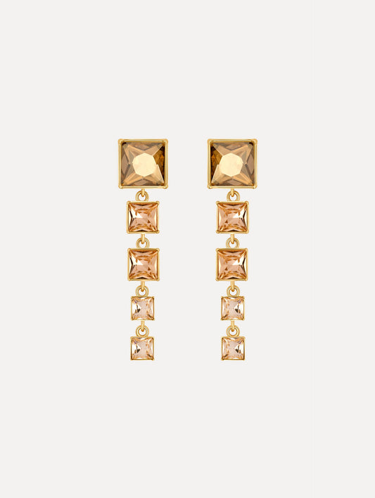 The Square-Cut Rhinestone Drop Earrings in Gold. Front View.