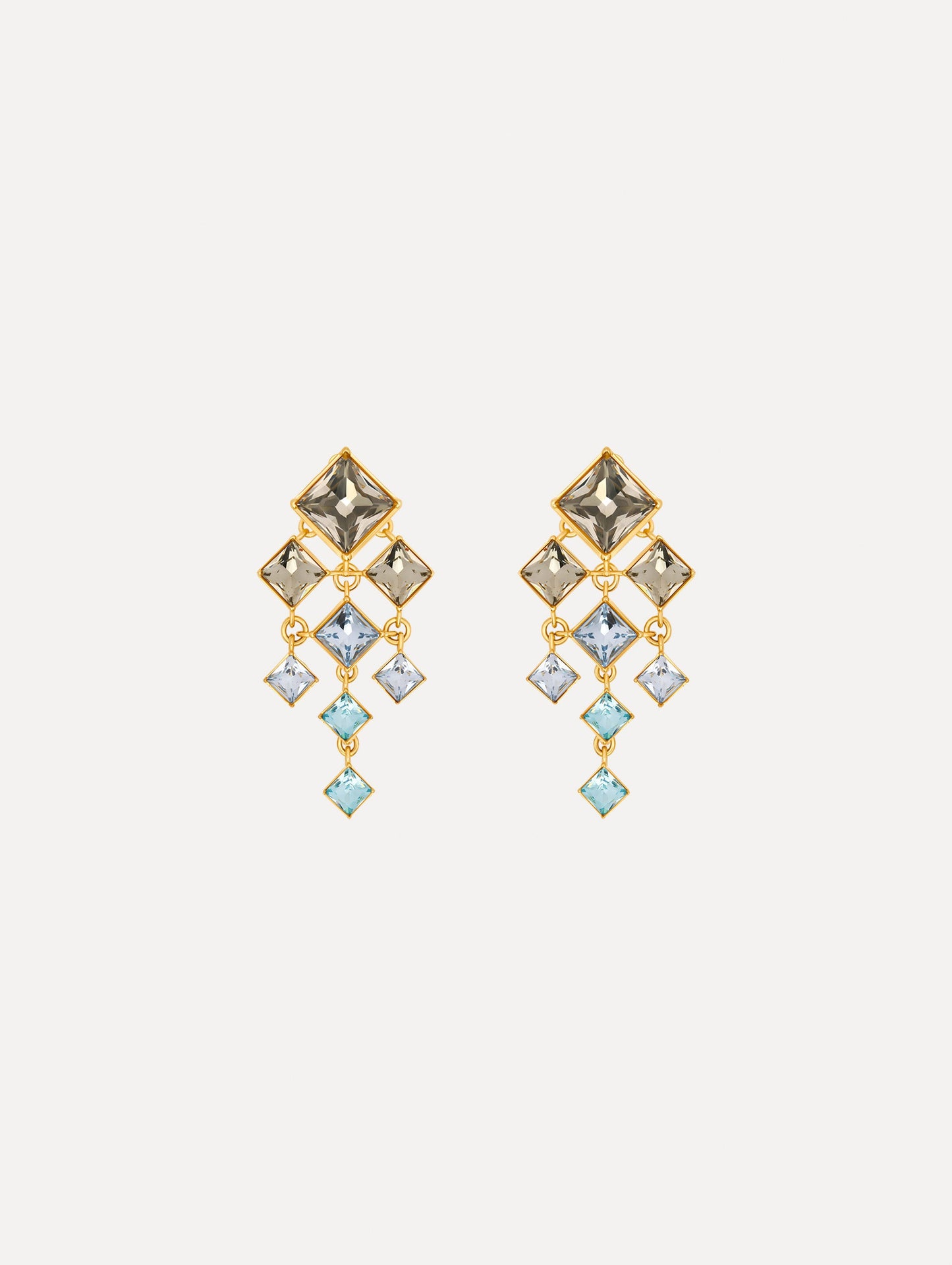 The Square-Cut Rhinestone Chandelier Clip-On Earrings in Sapphire Blue. Front View.