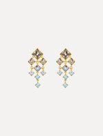 The Square-Cut Rhinestone Chandelier Clip-On Earrings in Sapphire Blue. Front View.