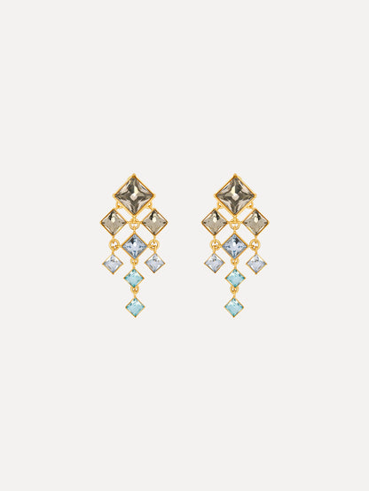 The Square-Cut Rhinestone Chandelier Clip-On Earrings in Sapphire Blue. Front View.
